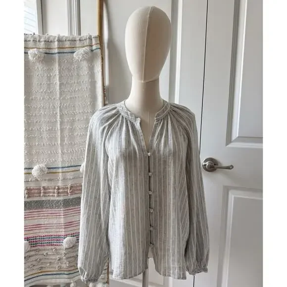 Faherty Naomi Grey Striped Long Sleeves Button Down Linen Blend Shirt Size Small - Picture 1 of 10
